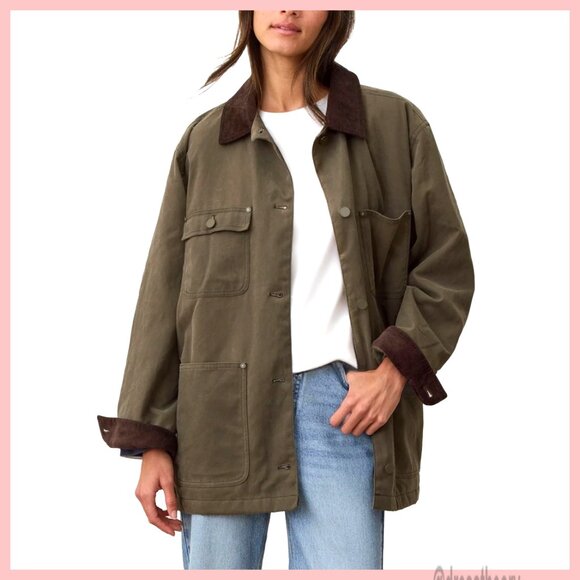 Jackets & Blazers - Oversized Cotton Barn Jacket with Corduroy Collar, Utility Pockets, Vintage